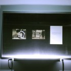 Eric Baudelaire, <em>The Makes (Morning and Evening)</em>, found Japanese film stills, page torn from That Bowling Alley on the Tiber by Michelangelo Antonioni, Plexiglas, steel and fluorescent tubing, 2009