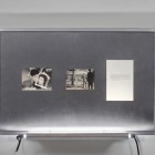 Eric Baudelaire, <em>The Makes (Morning and Evening)</em>, found Japanese film stills, page torn from That Bowling Alley on the Tiber by Michelangelo Antonioni, Plexiglas, steel and fluorescent tubing, 2009